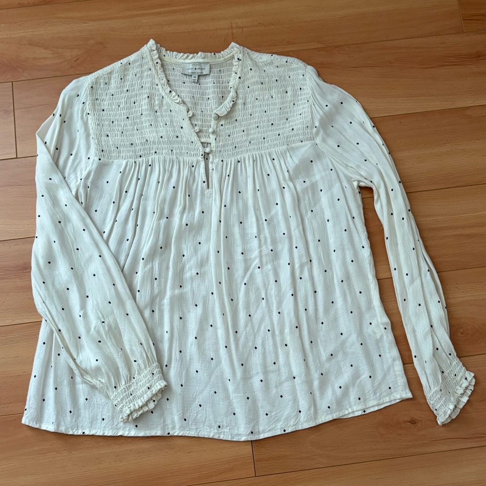 Lucky Brand Cream Dotted Ribbed Top, Billowly Sleeves, Smocking